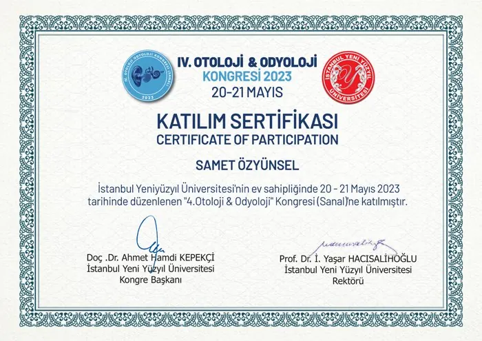 Otoloji ve Odyoloji Kongresi sertifikası