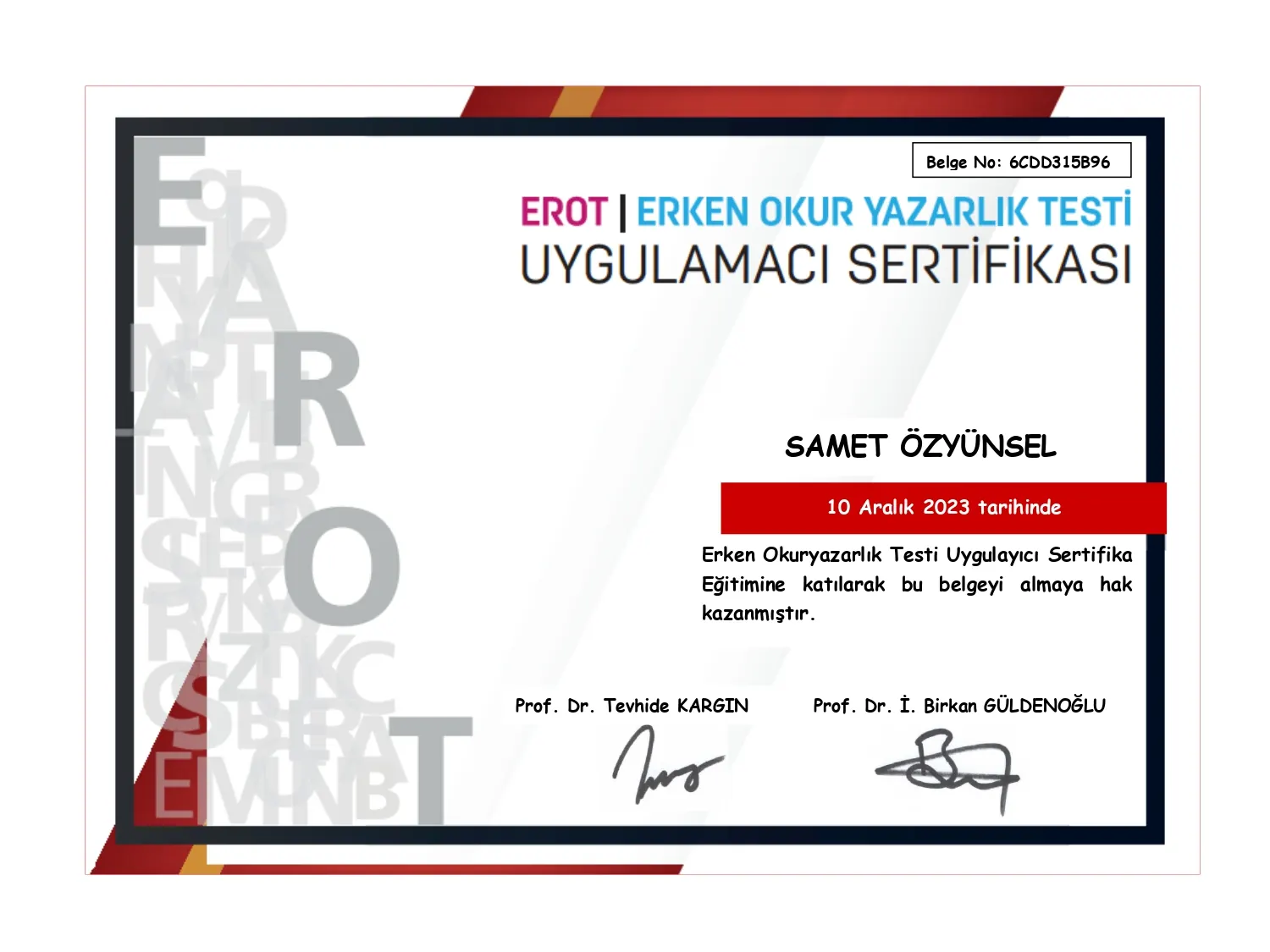 EROT Uygulayıcı sertifikası